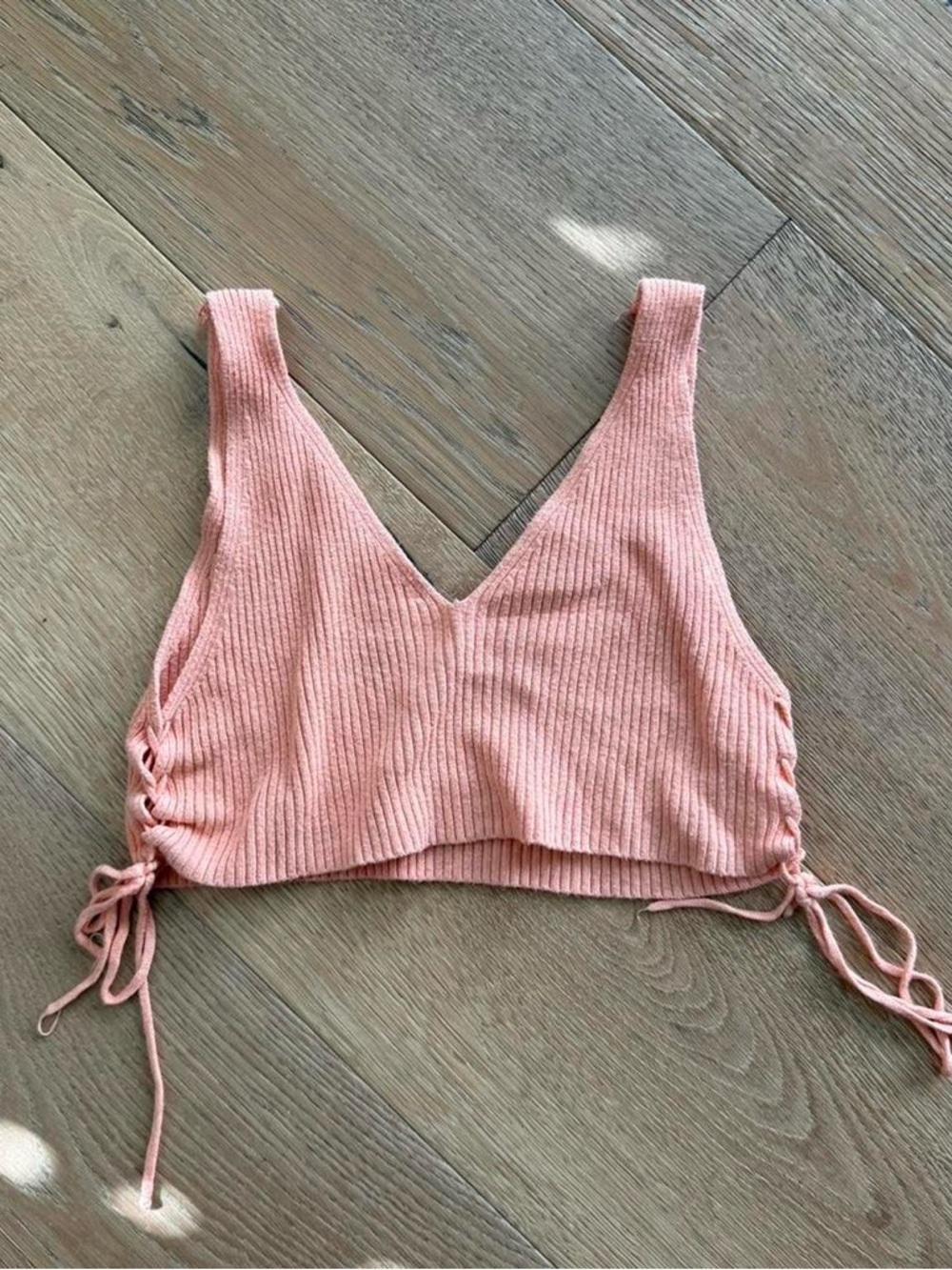 Debut Ribbed Dusty Pink V-Neck Crop Tank with Side Ties | Size S